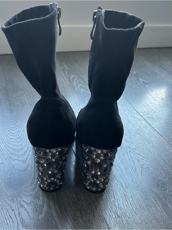 Le Chateau x Roxy Earle Black Suede Ankle Boots with Jeweled Block Heels - Picture 5 of 6